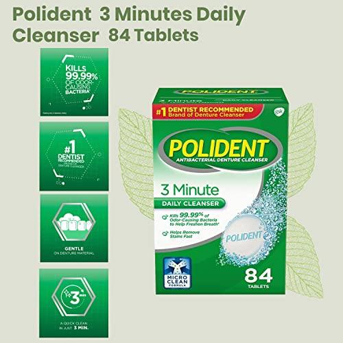 Dentu-Care Polident 3 minutes Denture Cleaner 84 Tablets Bundle Dentu-Care Denture Case and Brush | Easy To Maintain Good Clean Full/Partial Dentures Mouthguards | No More Spongy Painful Gums