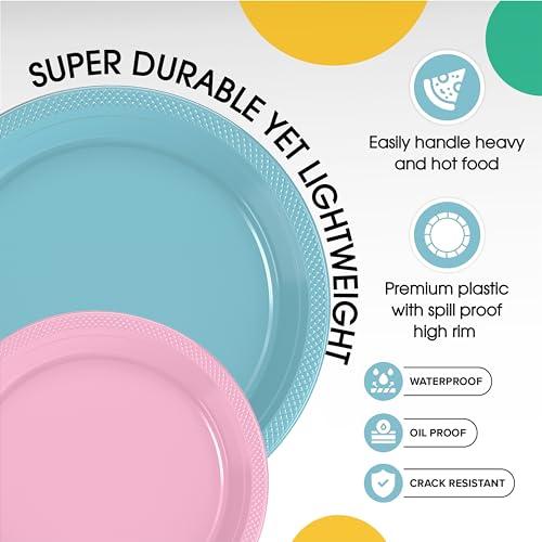 Exquisite Exquisite 9 & 7 Inch. Dinner Plate Combo 100 Pack Light Blue & Pink Plastic Plates Disposable, 50-7 Inch Dessert Plates & 50-9 Inch Dinner Plates Light Blue & Pink Plate Set Plastic Plates For Party