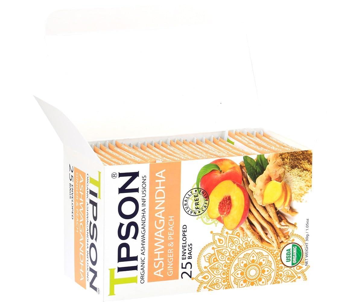 Tipson Tipson Organic Ashwagandha Tea Infusions - Ginger & Peach - Caffeine Free, Non GMO, Gluten Free - 25 Premium Tea Bags (Pack of 1)