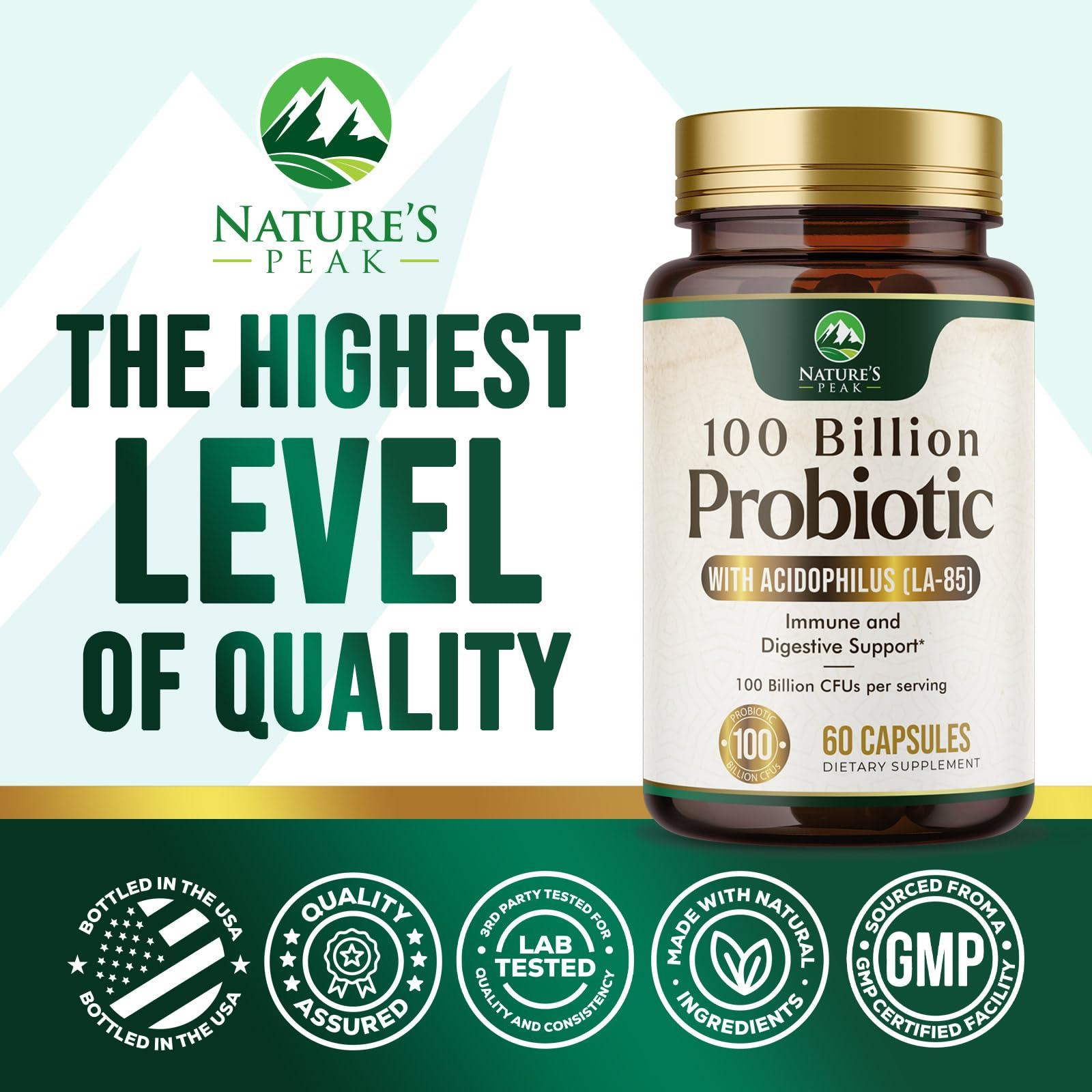 Nature's Peak Probiotics for Women's Digestive Health - 100 Billion CFU, 16 Strains with Prebiotics, Supports Immune, Gut Health, PH, Gas & Bloating, Best Probiotic for Women & Men, Shelf Stable - 60 Capsules