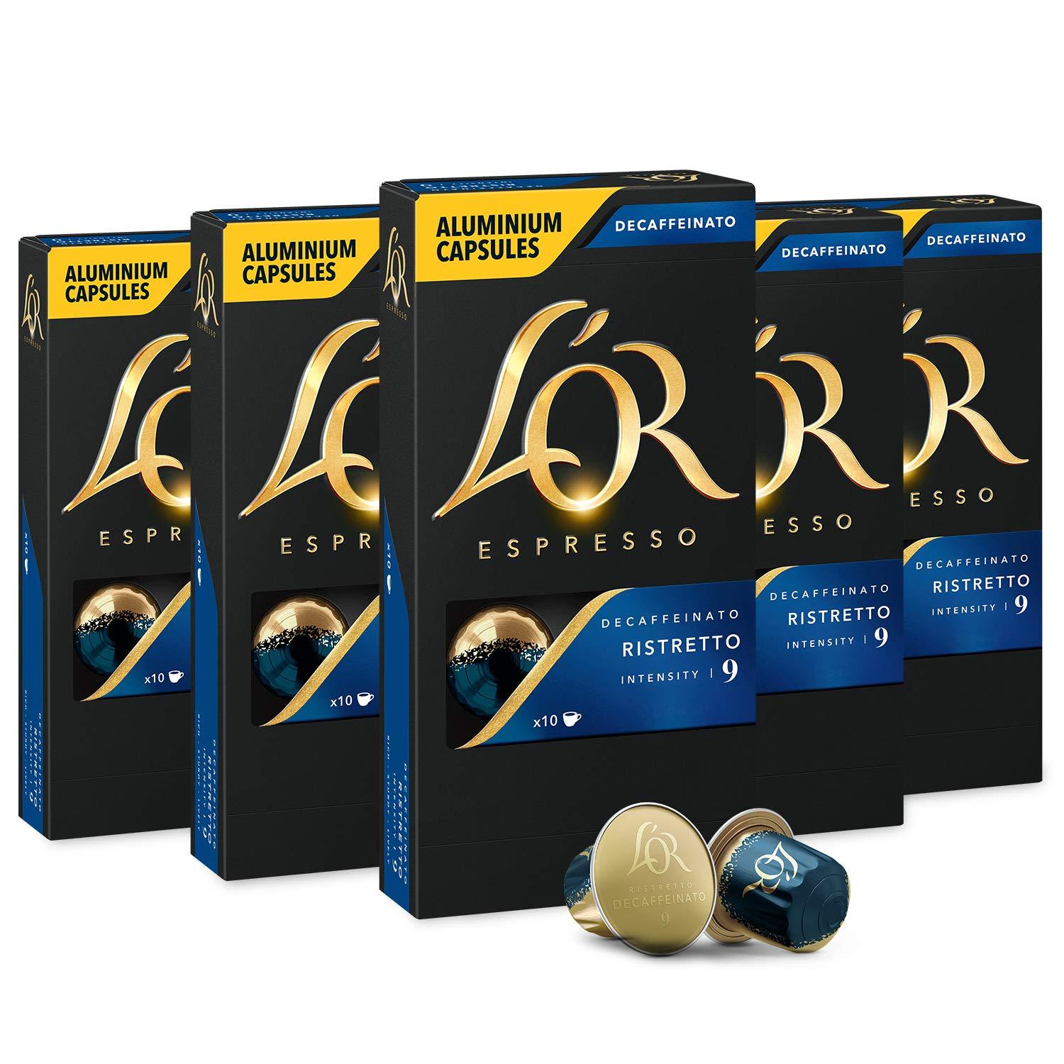 L'OR L'OR DECAF Espresso Capsules, 50 Count DECAF Ristretto, Single-Serve Aluminum Coffee Capsules Compatible with the L'OR BARISTA System & Nespresso Original Machines
