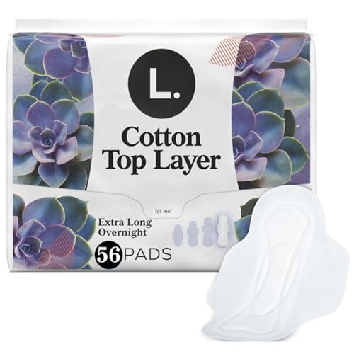 L. L. Pure Cotton Topsheet Pads for Women, Extra Long Overnight Pads, Maxi Pads with Wings, Unscented Menstrual Pads, 28 Count x 2 Packs (56 Count Total) (Packaging May Vary)