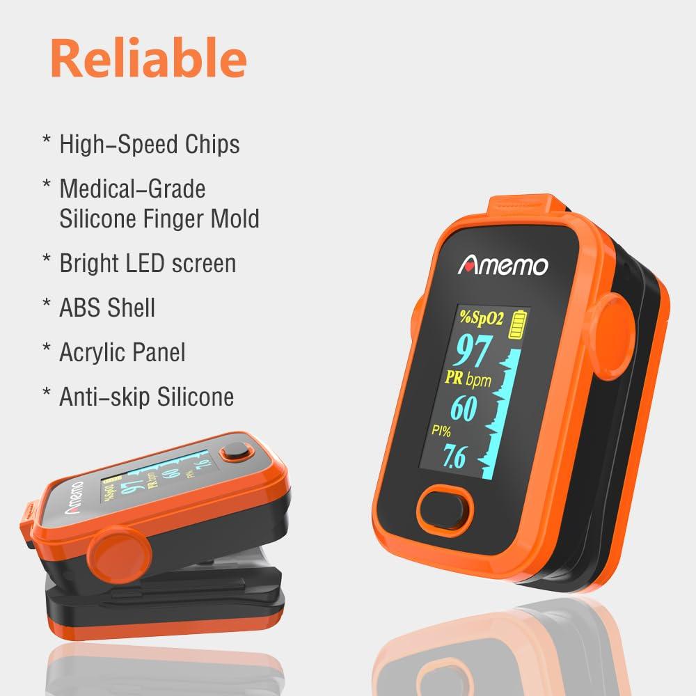 Amemo Pulse Oximeter,OLED Display Oxygen Monitor Fingertip,Blood Oxygen Saturation Monitor(SpO2) with Carrying Case,Silicone Cover (Orange)