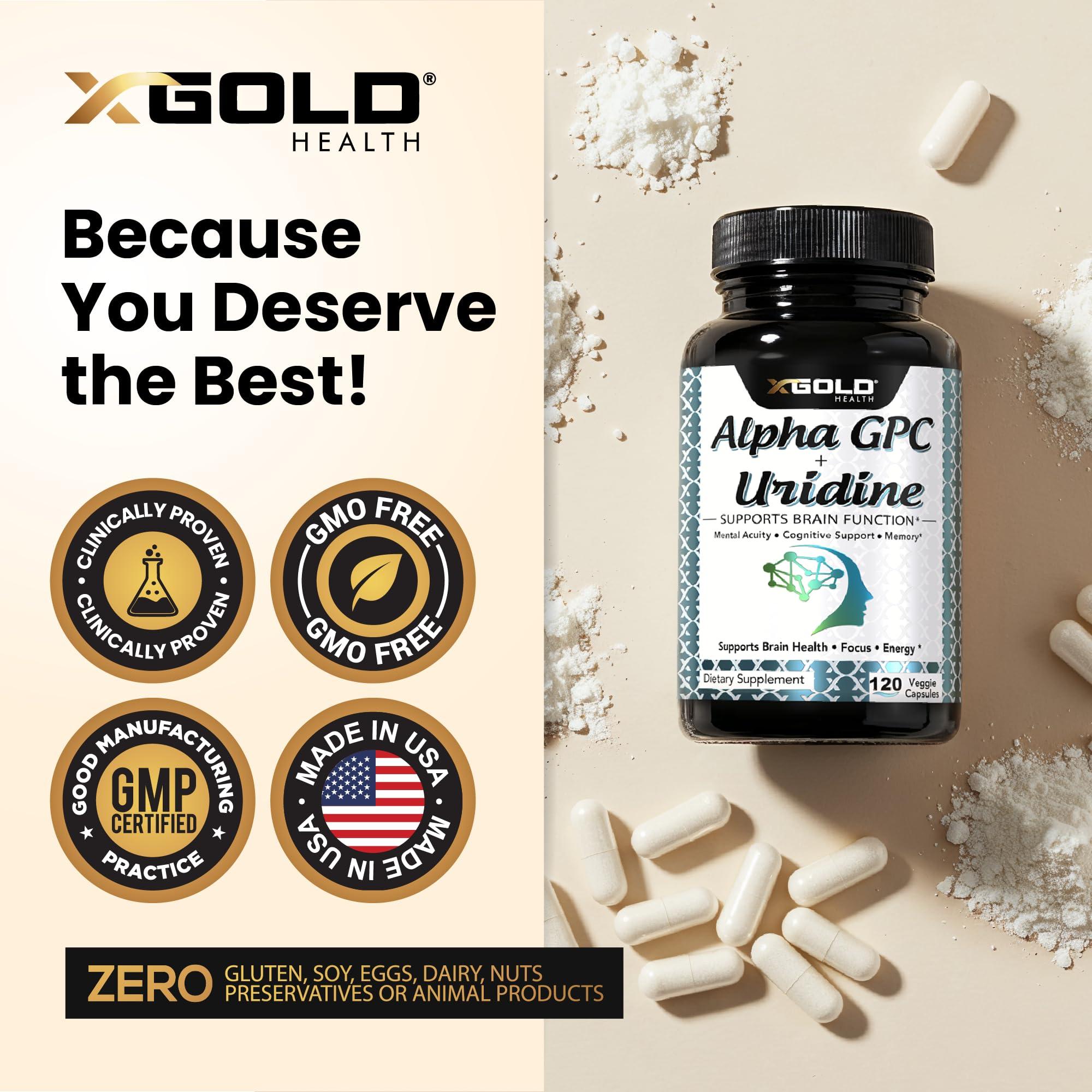 X Gold Health Alpha GPC Choline 600mg + Uridine Monophosphate 300mg-2-in-1 Nootropic Supplement Helps Boost Focus, Energy & Cognitive Performance -Potent Mood Enhancer & Brain Focus Supplements -120 Veggie Capsules