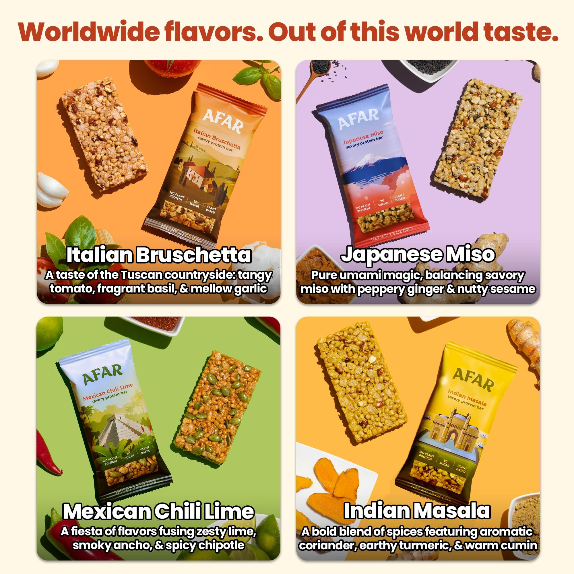 Afar Afar Savory Protein Bars Low Sugar, High Protein Healthy Snack for Adults Meal Replacement Bar Rice Crispy Texture Vegan, Gluten Free 8 Bars (Variety Pack)