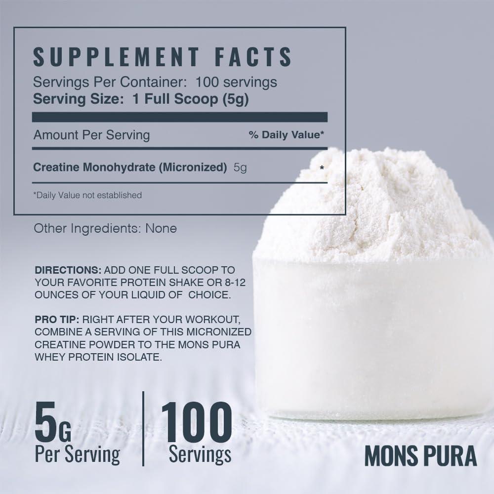 Mons Pura 100% Pure Creatine Monohydrate Powder 500g | Micronized, Unflavored | Muscle Growth, Strength & Endurance | Ideal for Athletes, Bodybuilders, and Fitness Enthusiasts