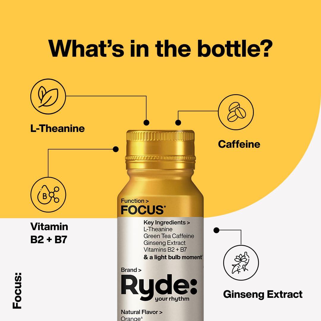 RYDE Ryde: Focus Shot | Orange Flavor | L-Theanine & Ginseng | Green Tea Caffeine | Vitamins B2 & B7 | 0 Calories, 0 Sugar | 2 FL OZ Shots | Supports Focus* (8 Pack)
