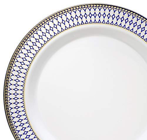 OCCASIONS FINEST PLASTIC TABLEWARE " OCCASIONS " 60 Plates Pack, Heavyweight Disposable Wedding Party Plastic Plates (7.5'' Appetizer/Dessert Plate, Odyssey in White/Blue & Gold)