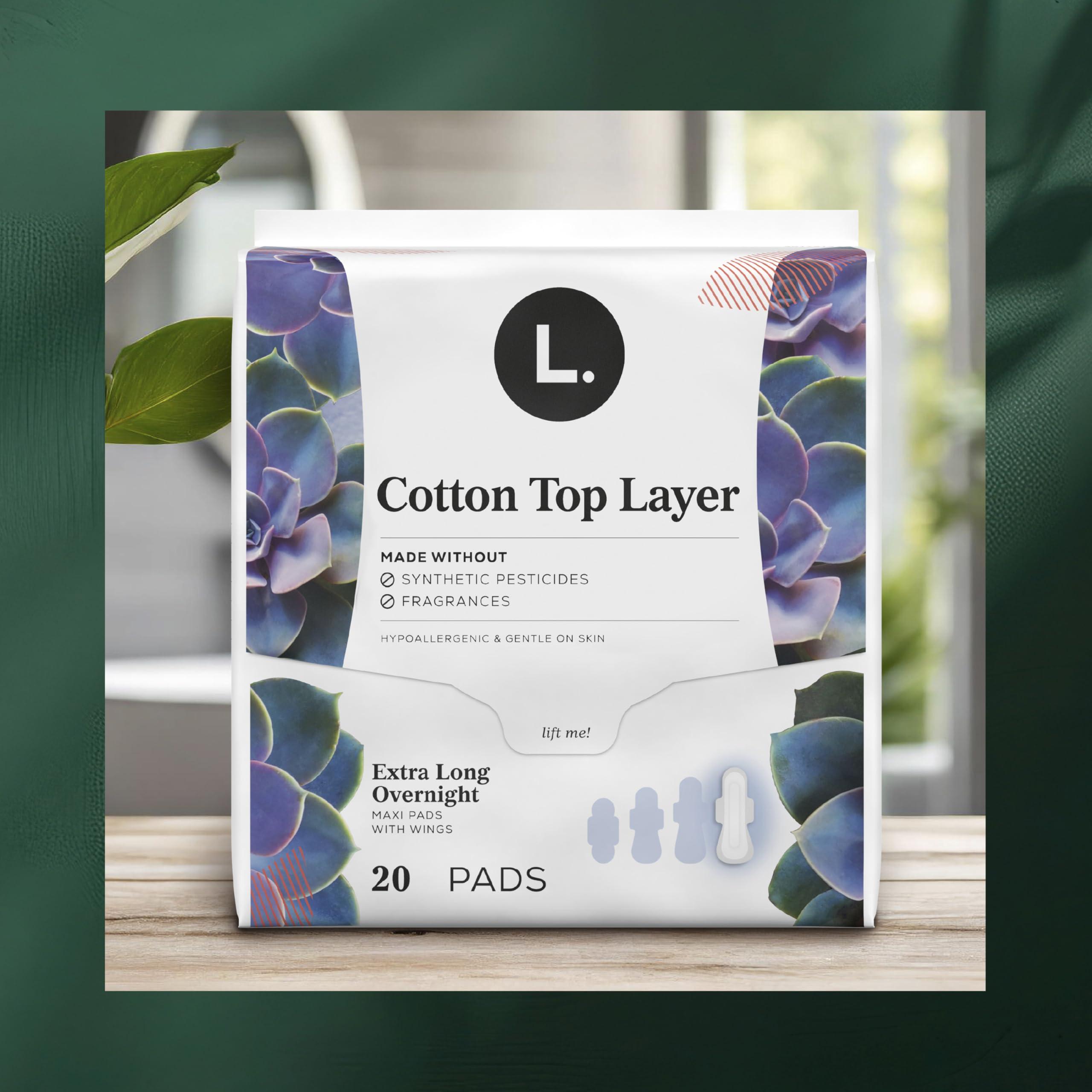 L. L. Pure Cotton Topsheet Pads for Women, Extra Long Overnight Pads, Maxi Pads with Wings, Unscented Menstrual Pads, 28 Count x 2 Packs (56 Count Total) (Packaging May Vary)