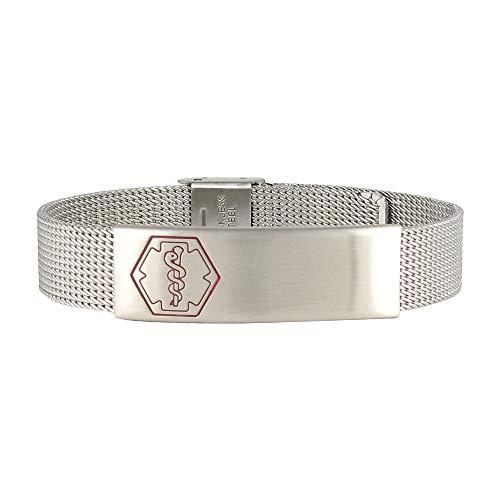 American Medical ID American Medical ID – Sleek Mesh Medical Alert ID Bracelet – Surgical Stainless Steel, Adjustable ID Band Sizing & Clasp, 4 Lines Personalized Engraving Included