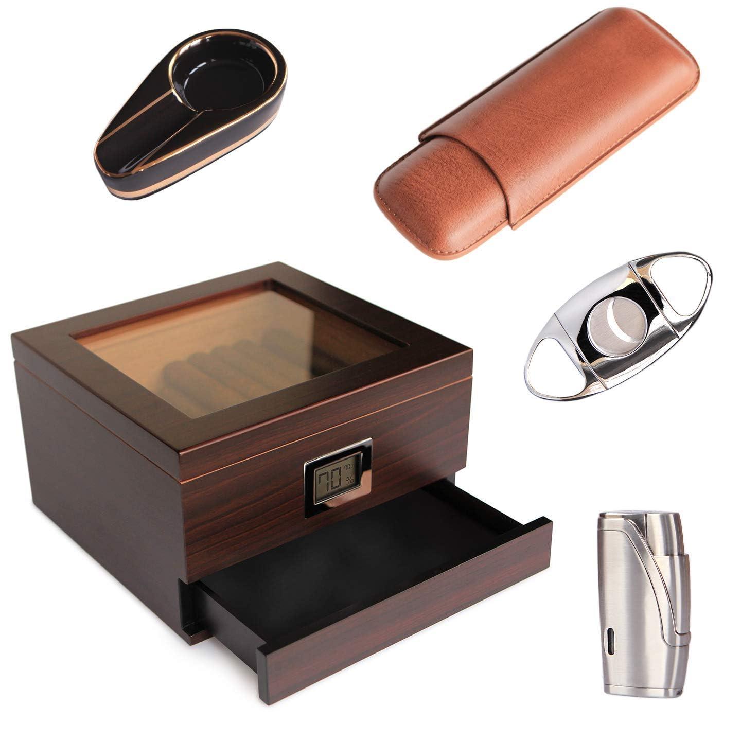 CASE ELEGANCE CASE ELEGANCE - Renzo Glass Top Humidor, Lighter, Cutter, and Travel Case Bundle