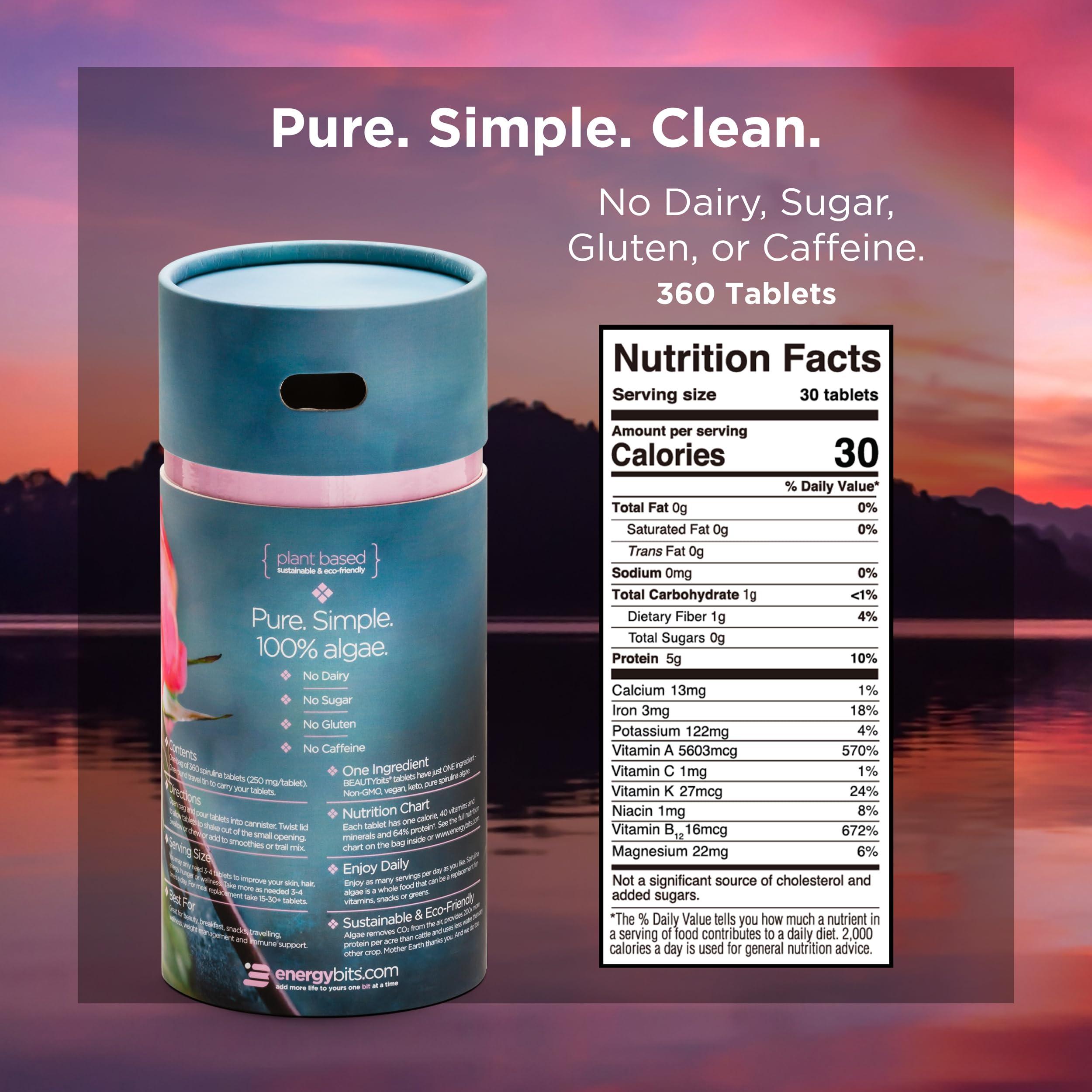 ENERGYBITS BEAUTYbits - Organic Spirulina Tablets - Algae Superfood - Collagen, Protein, Chlorophyll - Hair, Nails, & Skin Care - Vegan, Keto, Gluten Free - Self Care - Skincare Beauty Gifts - 360 Tablet Can