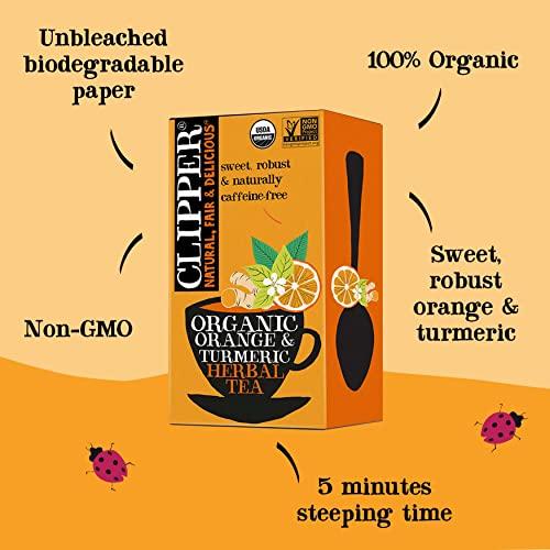 Clipper Natural, Fair & Delicious Clipper Tea, Orange & Turmeric, Organic Tea with Licorice Root, Orange Peel and Hibiscus, Plant Based Herbal Tea, Caffeine Free British Tea, 1 Pack, 20 Unbleached Tea Bags