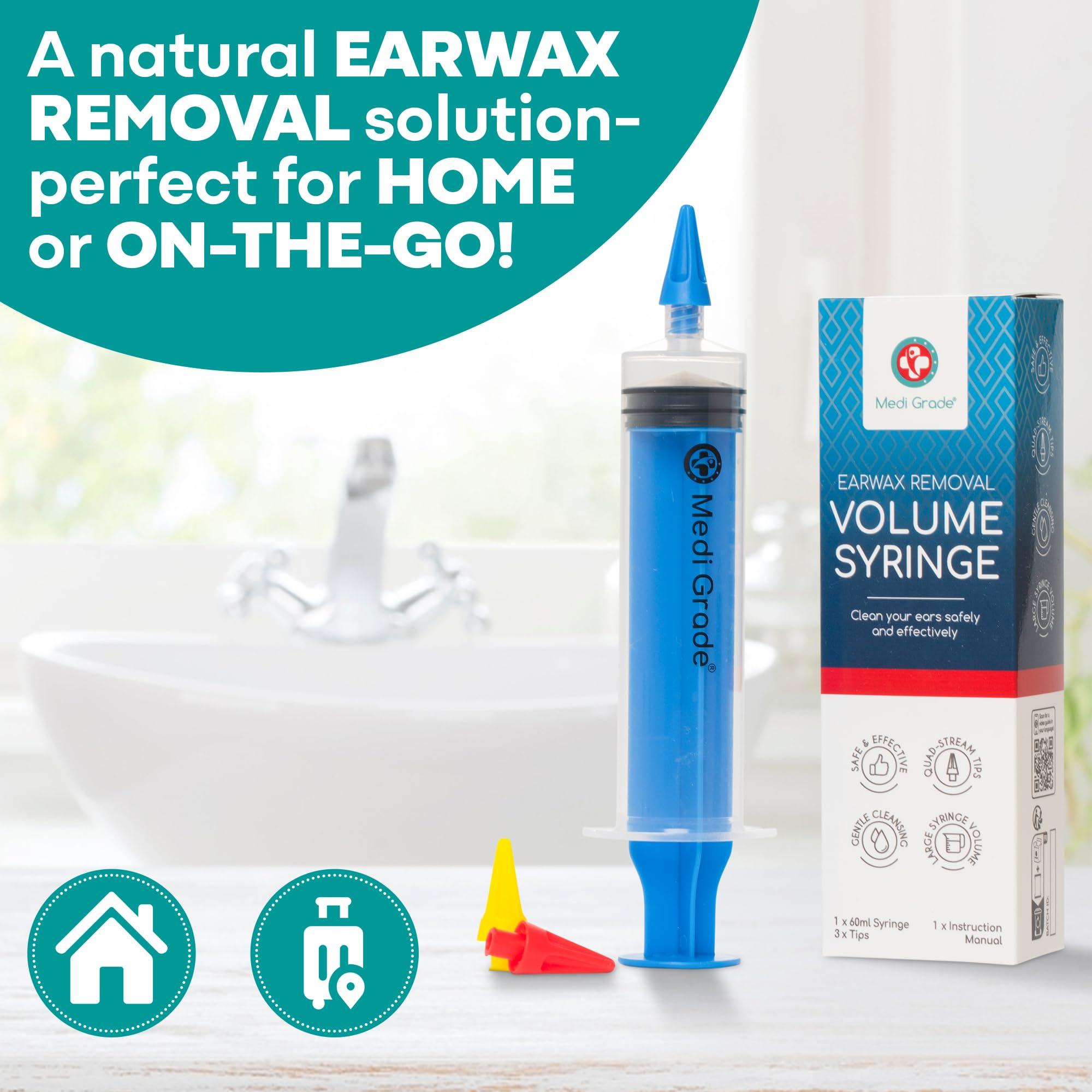 Medi Grade Medi Grade Ear Syringe Ear Wax Removal Kit with 3 Quad-Stream Tips - Ear Irrigation Flushing System - Ear Wax Cleaner to Improve Hearing Clarity and Aural Hygiene - Large Ear Wax Syringe - 2.03 fl oz