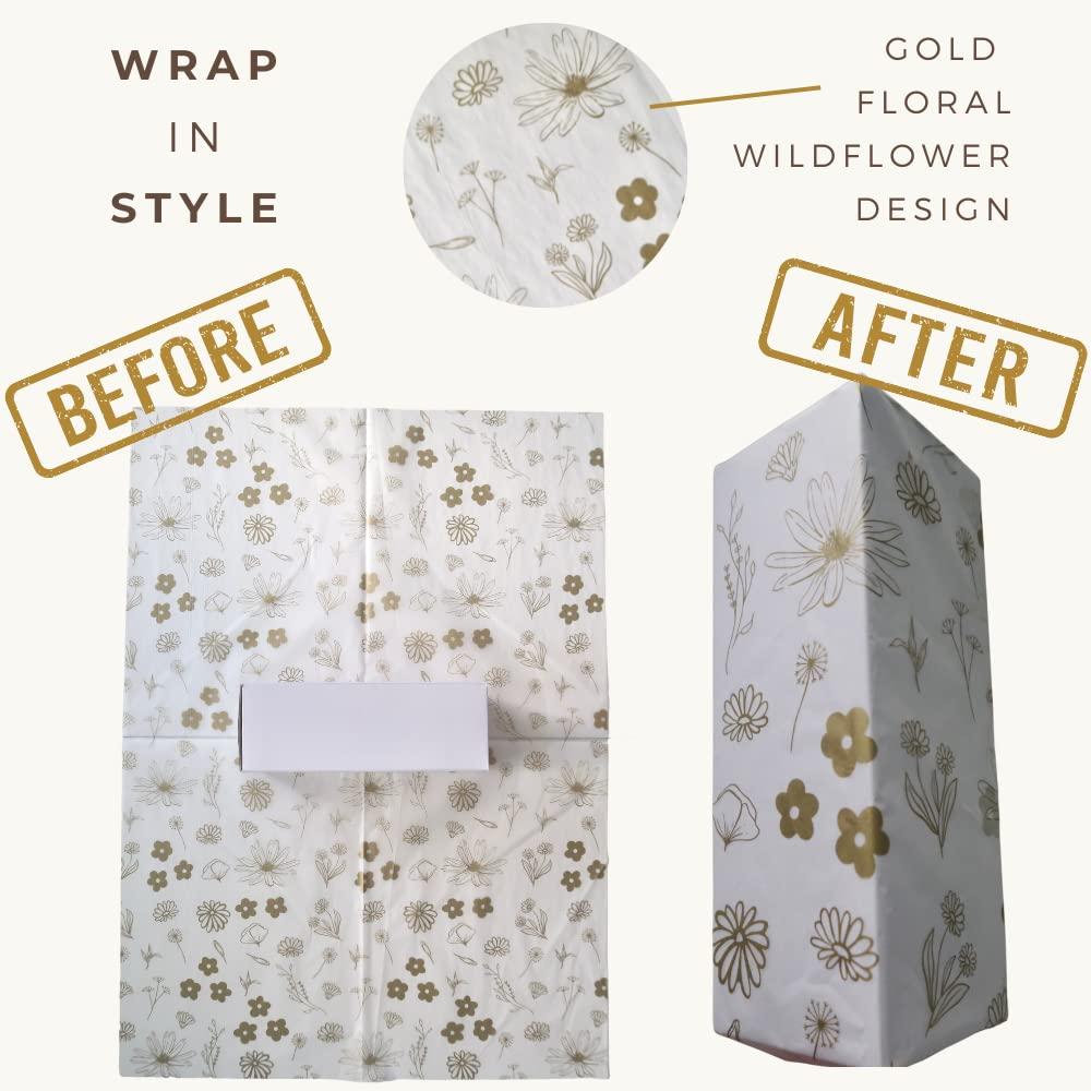 Lain & Lou Lain & Lou Floral Tissue Paper for Packaging Small Business (25 Pack) Gold Tissue Paper Sheets Printed Pastel Tissue Paper Bulk - Boho Wrapping Paper Baby in Bloom Baby Shower