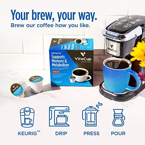 VitaCup Vitacup Decaf Genius Keto Coffee Pods with MCT Oil, Turmeric, and Vitamins B1, B5, B6, B9, B12, D3 for Focus in Recyclable Single Serve Pod Compatible with K-Cup Brewers Including Keurig 2.0, 64 CT