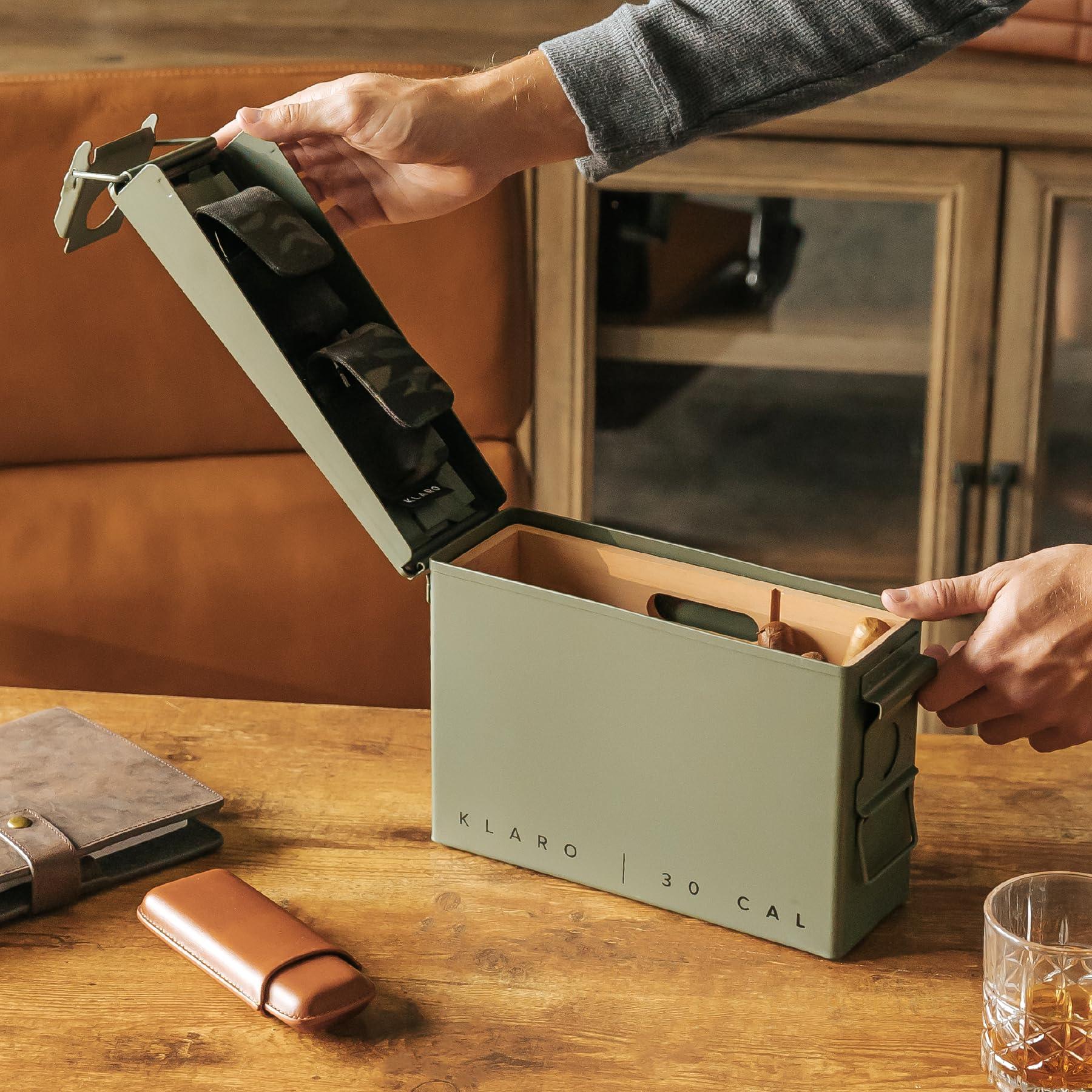 CASE ELEGANCE CASE ELEGANCE - The Smoke Can 30CAL Humidor, Thick Metal Ammo Box, Spanish Cedar Shelves, Army Green Finish, Magnetic Accessory Case - Holds 15-30 Cigars