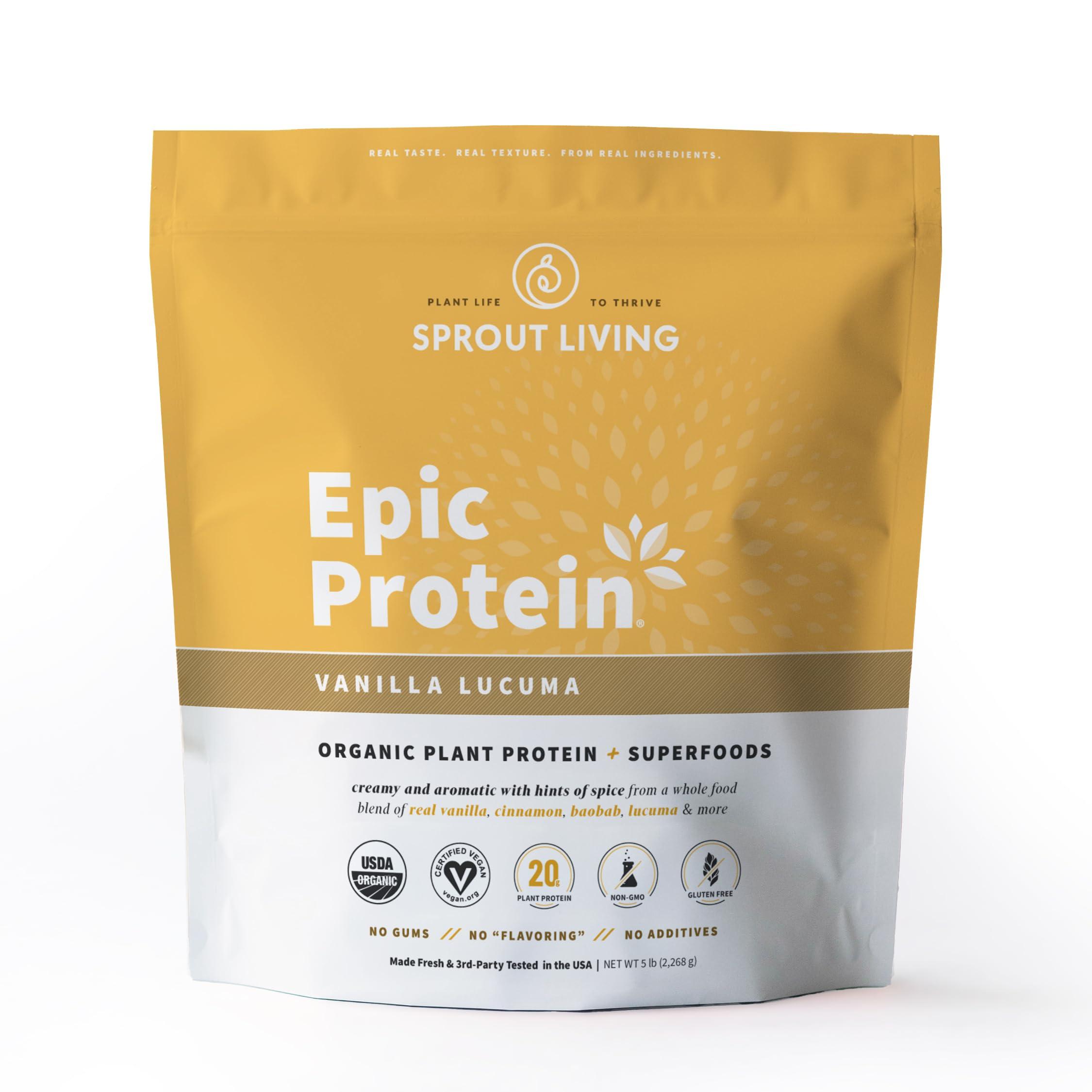 Sprout Living Sprout Living Epic Protein, Plant Based Protein & Superfoods Powder, Vanilla Lucuma Powder | 20 Grams Organic Protein Powder, Vegan, Non Dairy, Non-GMO, Gluten Free, Low Sugar (5 Pound, 60 Servings)
