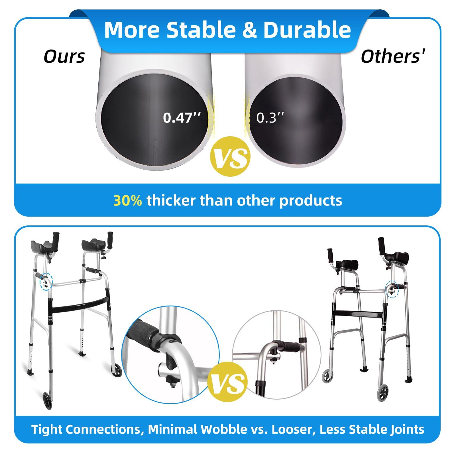 EasyVibe Foldable Stand IP Walker with Armrest Pad - Height Adjustable Aluminum Walkers, Standard Walker for Seniors, Elderly, Handicap, Platform Walker with Arm Support, Standing Upright Walker, Silver