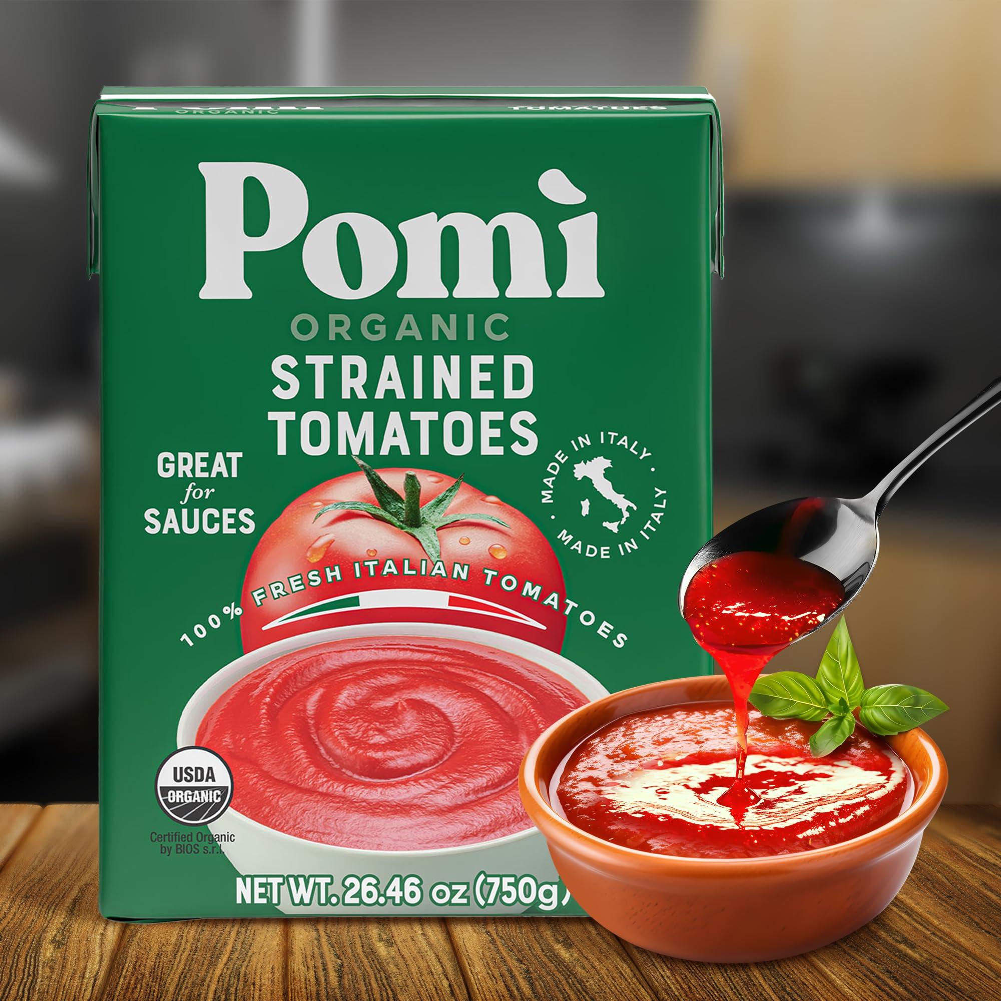 POMI\' Pom Organic Strained Tomatoes - Creamy, Velvety Puree - 100% Fresh Italian Tomatoes, Made in Italy - No additives, Kosher, Non-GMO, USDA Certified Organic - 26.46oz BPA-Free Carton (Pack of 12)
