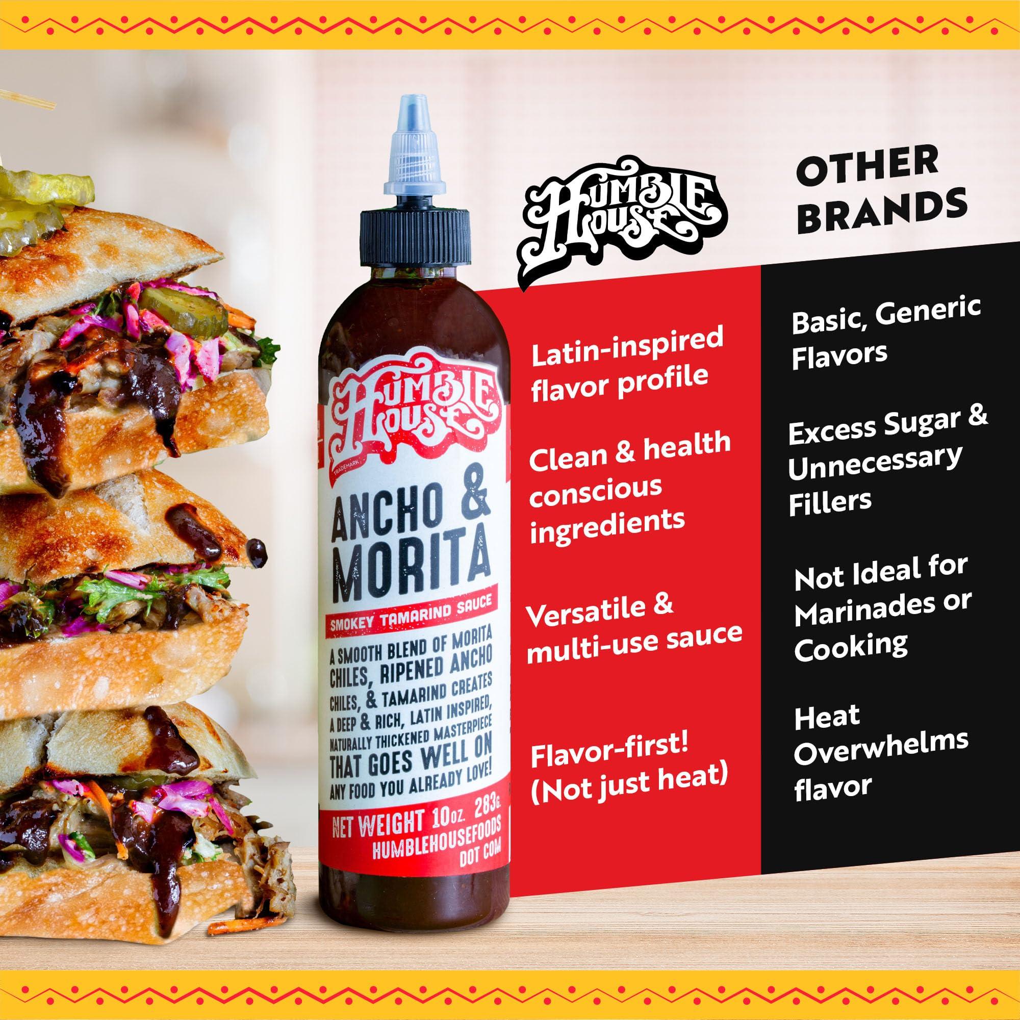 Humble House Humble House - Ancho & Morita Chiles Hot Sauce, Low in Calories and Sodium, Vegan Condiments for Chicken Wings, Steaks, Tacos, Burgers & More, Preservative-Free Enchilada Sauce, 9.5 oz