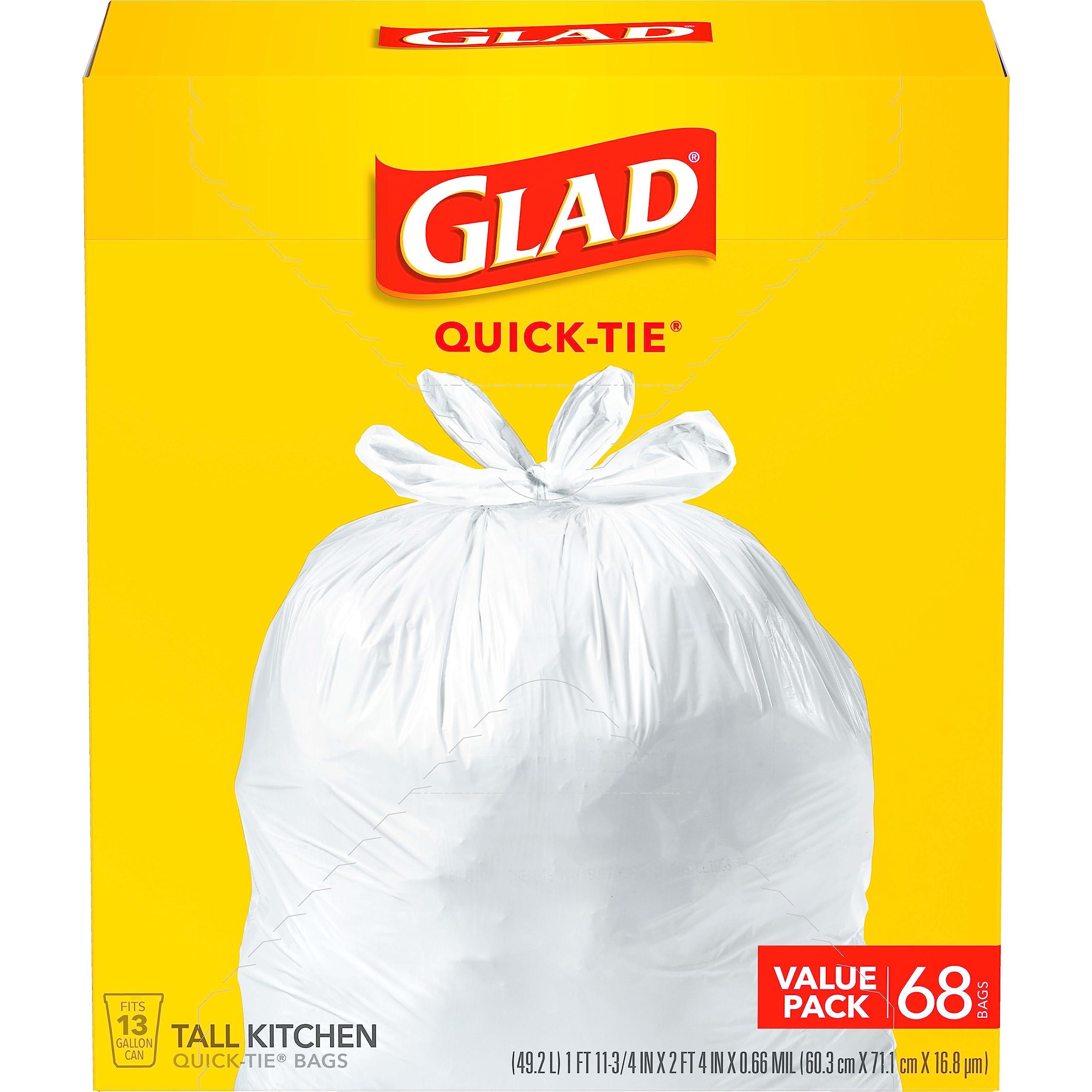 Glad Glad Tall Kitchen Quick-Tie Trash Bags, 13 Gallon, White, 68 Count, Pack May Vary (Pack of 2)