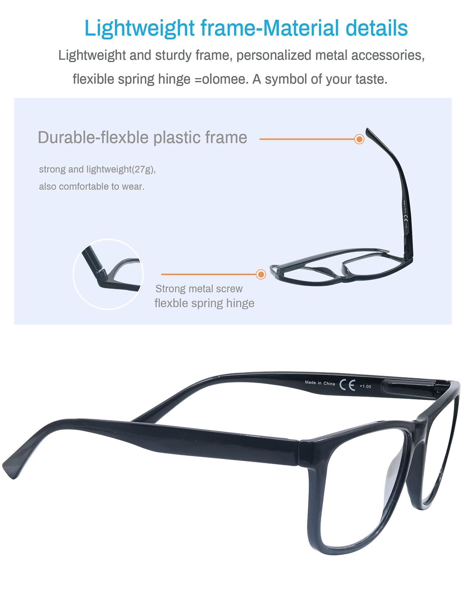 OLOMEE OLOMEE Large Reading Glasses Mens Oversized Wide Readers +3.00 Lightweight Square Magnifying Cheaters for Men W/Big Head 4 Pack