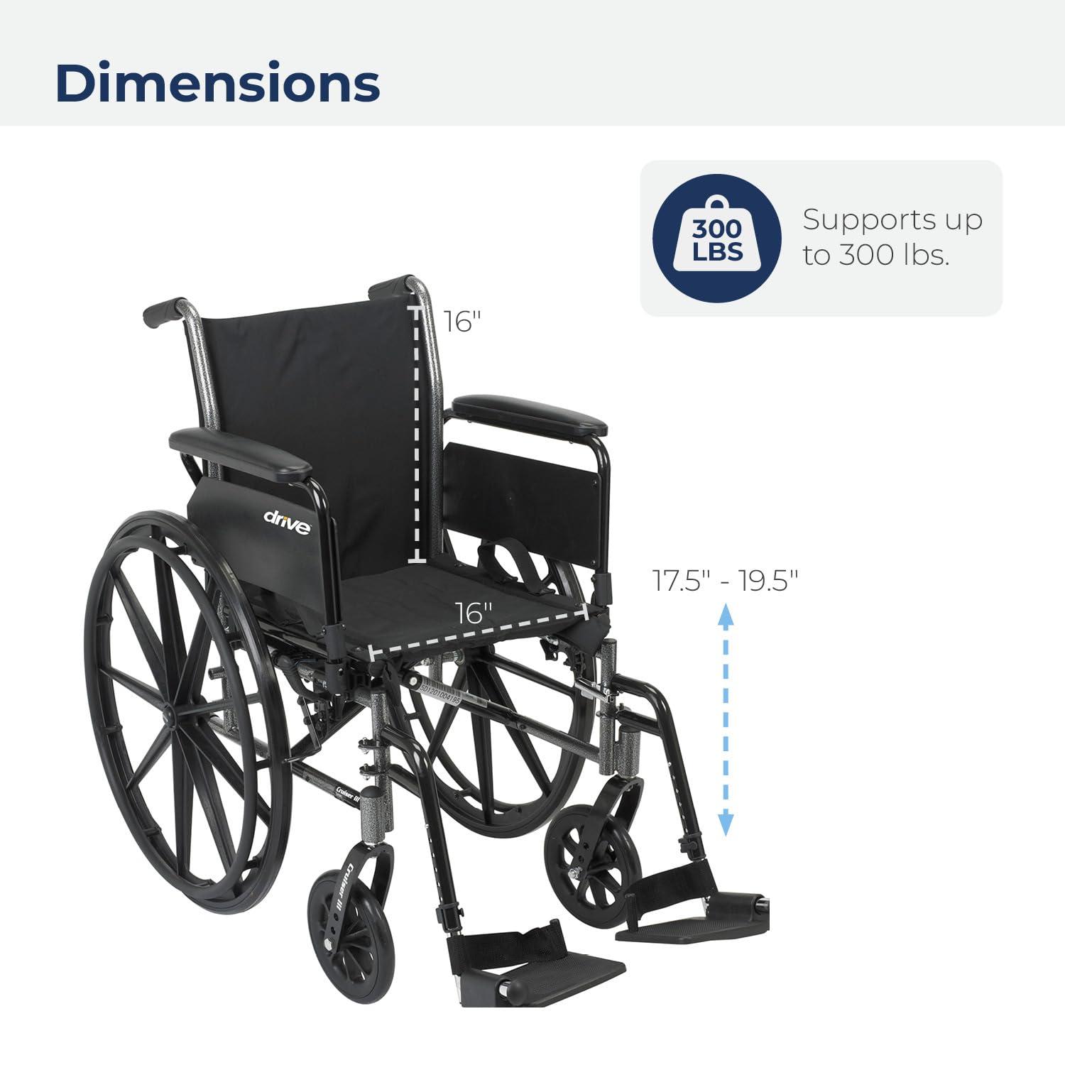 Drive Medical Drive Medical Cruiser III Light Weight Wheelchair with Flip Back Removable Arms, Full Arms, Swing away Footrests, 16\'\' Seat