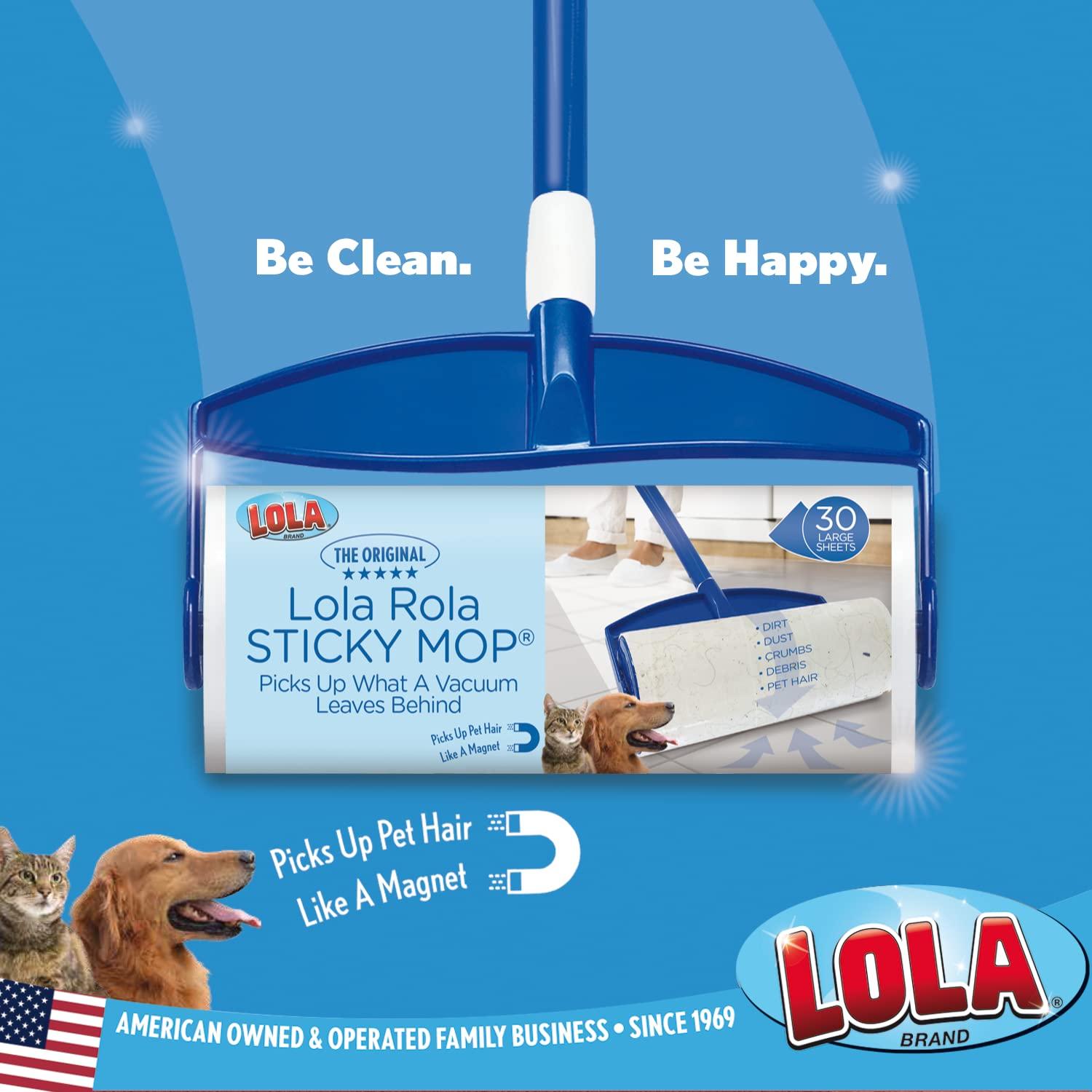 LOLA LOLA Rola Sticky Mop, Giant Floor Lint Roller, 9\" W x 3.5\" Dia., Best Pet Hair Remover, Traps Dust, Dirt, w/Extender Handle, 30 Large Adhesive Sheets