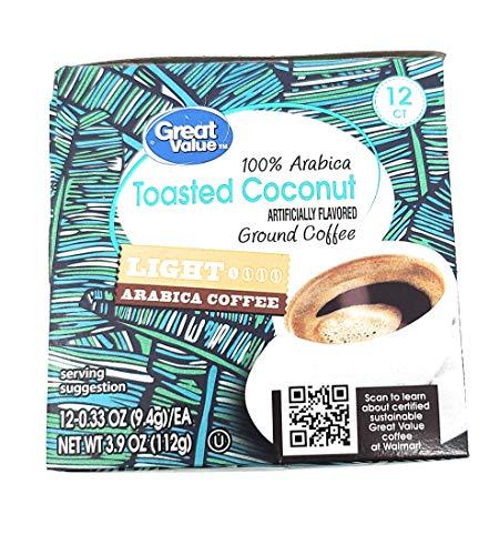 Great Value Great Value Toasted Coconut Artificially Flavored Ground Coffee - Light Arabica Coffee 12 counts Net WT 3.9 OZ (112g)