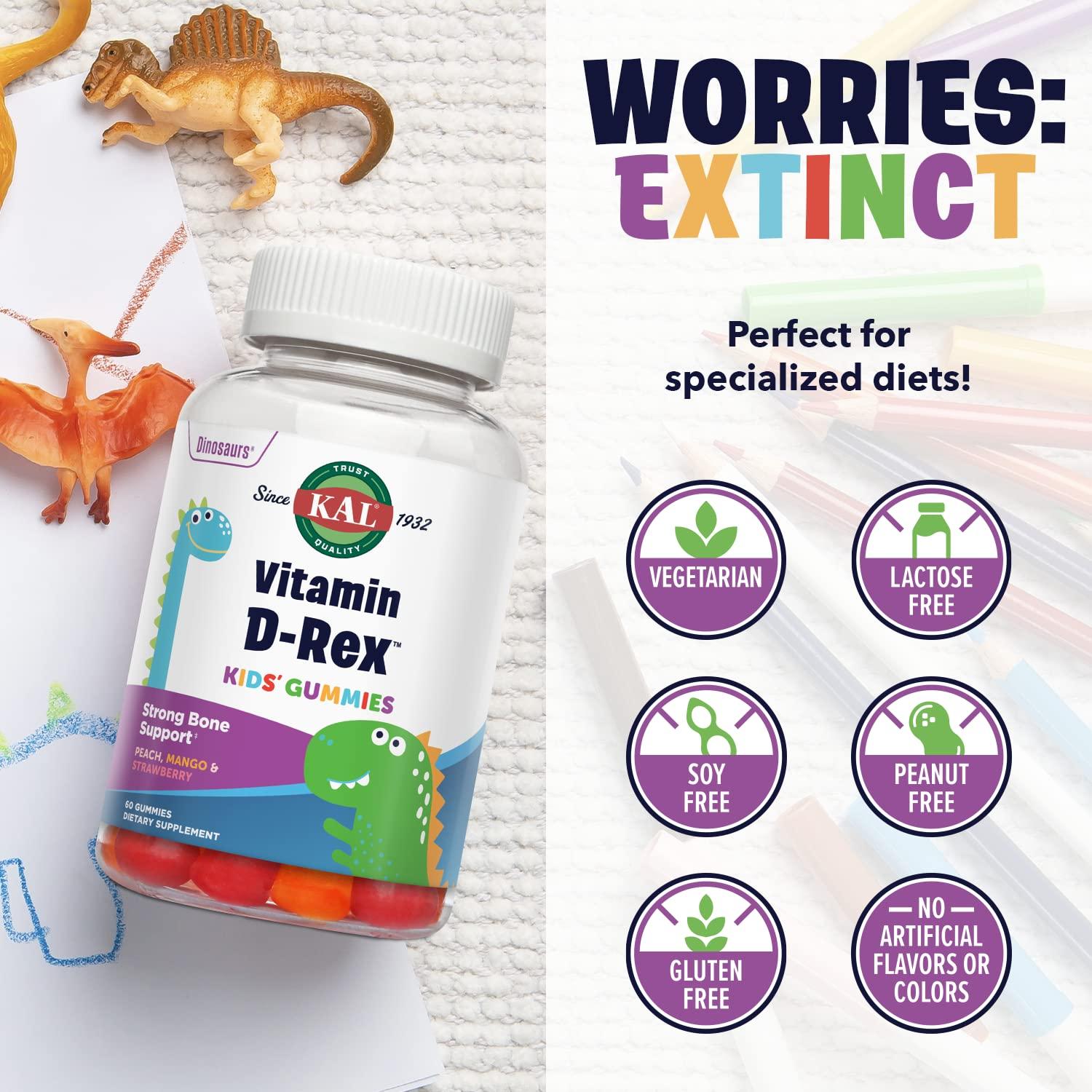 KAL KAL Vitamin D-Rex - Vitamin D Gummies for Kids - Kids Vitamin D3 - Peach, Mango, and Strawberry Flavors - Immune, Heart, Bone & Oral Support - Vegetarian, Gluten Free - 60 Servings, 60 Gummies