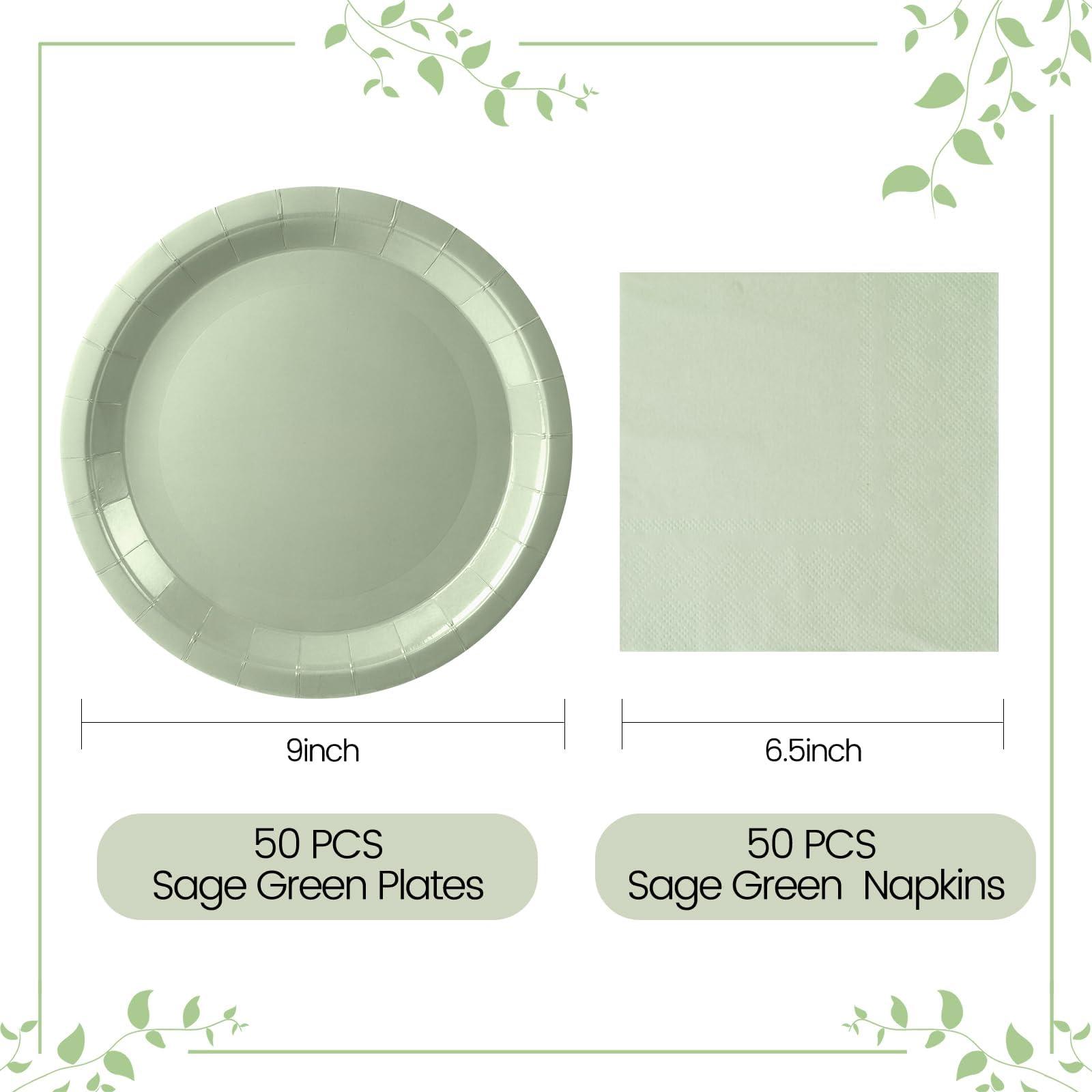 Purhapfre Sage Paper Plates Sage Green Paper Plates and Napkins Party Supplies Sage Green Disposable Plates for Bridal Shower,Baby Shower, Birthday,Serves 50