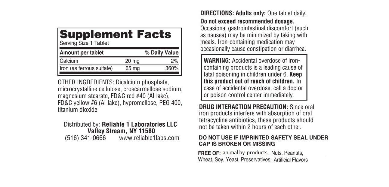 Reliable-1 Laboratories Iron Supplement Ferrous Sulfate 325mg by Reliable 1 | Iron Pills for Women and Men | Iron Supplements for Anemia and Iron Deficiency | 100 Iron Tablets per Bottle
