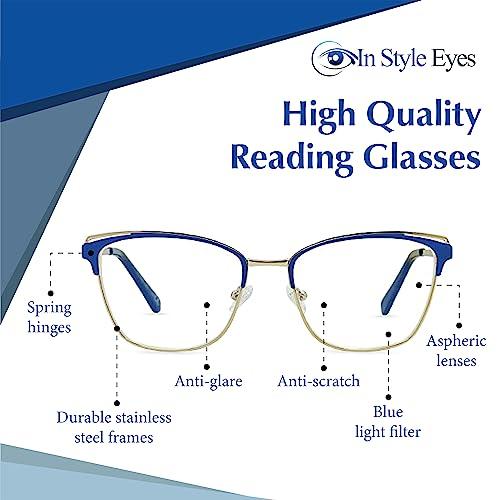 In Style Eyes In Style Eyes Blue Light Blocking Computer Reading Glasses - Classic Browline Frame Reader Glasses with Aspheric Lens - Blue - 1.0x