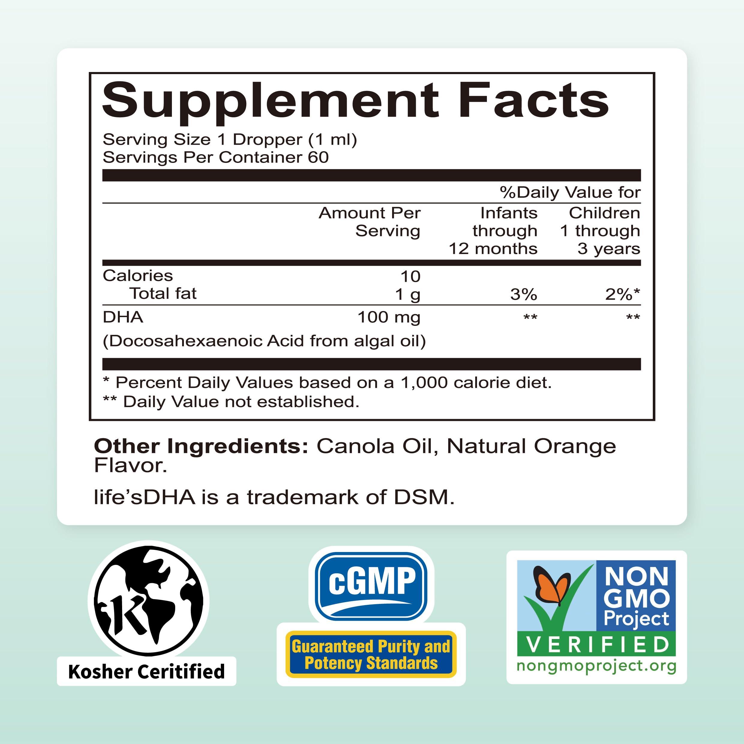 Nature's Nutra Nature's Nutra Vegetarian DHA, Premium Liquid DHA for Baby, Infant, Kids and Children, Non-GMO, DHA 100 mg, Pure Plant Source, 2 Fl Oz (60ml)