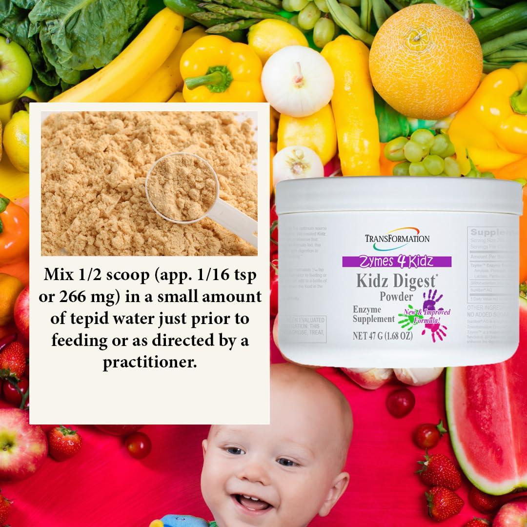 TRANSFORMATION THE GENESIS OF GOOD HEALTH Transformation Enzymes Kidz Digest Powder, Natural Digestive Support for Kids, Supports Healthy Digestion and Alleviate The Symptoms of Gas, Cramping, Bloating, Easy to Mix, 47g