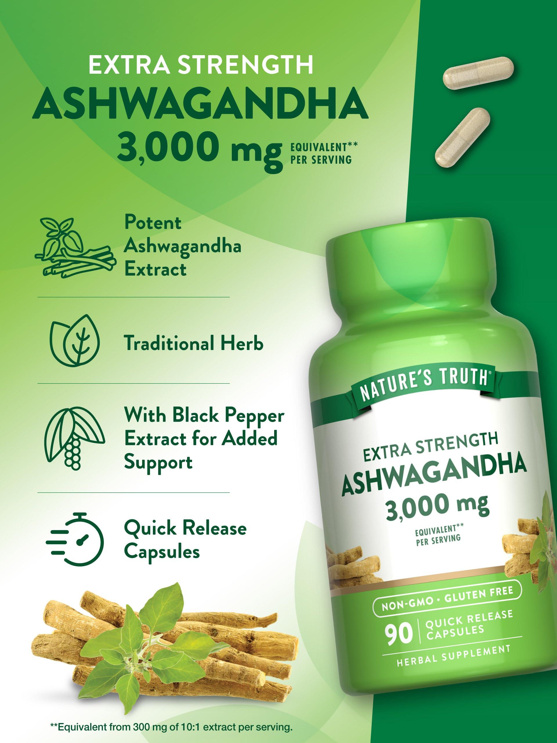 Nature\'s Truth Nature\'s Truth Ashwagandha Capsules | 3000mg | 90 Count | Extra Strength | with Black Pepper | Non-GMO & Gluten Free Supplement