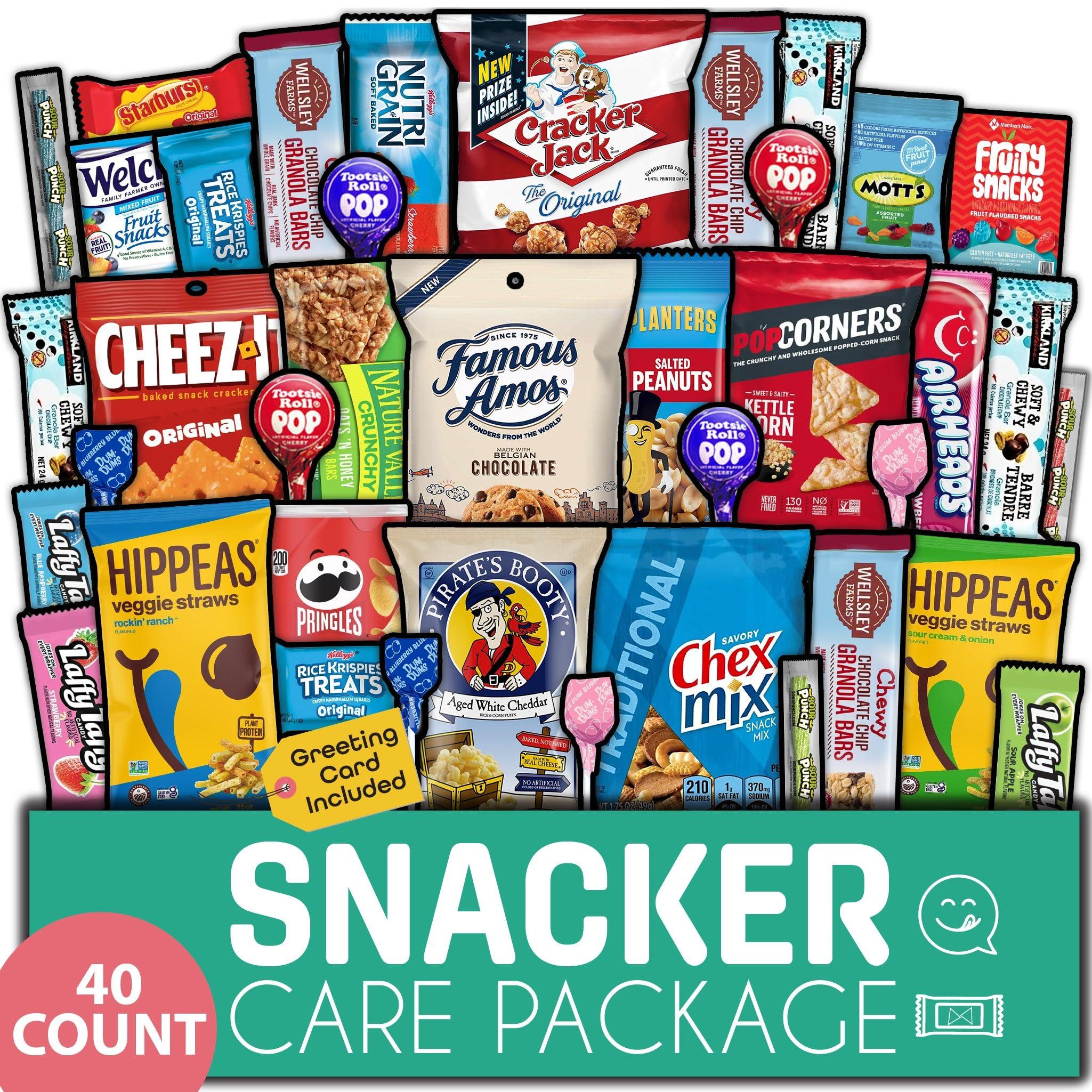 Nut Cravings Gift A Snack - Valentines Day Snack Box Variety Pack Care Package + Greeting Card (40 Count) Galentines Birthday Sweet Treats Gift Basket, Candies Chips Crackers Bars Corporate Gifts