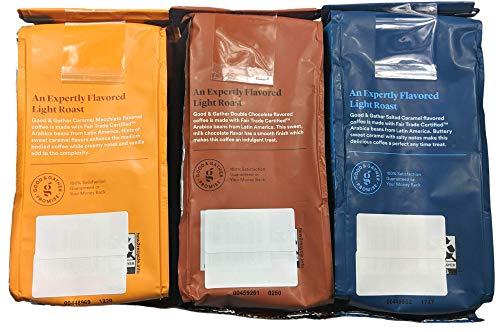 JRS Products Good & Gather 3 Pack 12 oz Flavored Ground Coffee, Caramel Macchiato, Double Chocolate, Salted Caramel, Light Roast, Fair Trade Certified Arabica Coffee