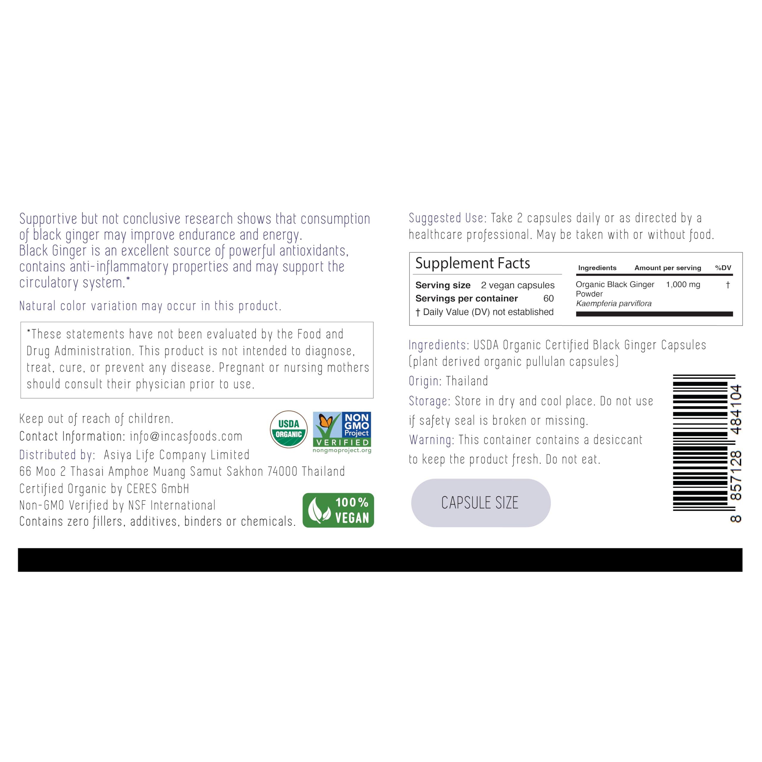 Incas by Asiya Life INCAS USDA Organic Thai Black Ginger for Men 120 Vegan Capsules 500mg Non GMO Verified | First & Only Organic Certified Kaempferia Parviflora Thai Ginseng