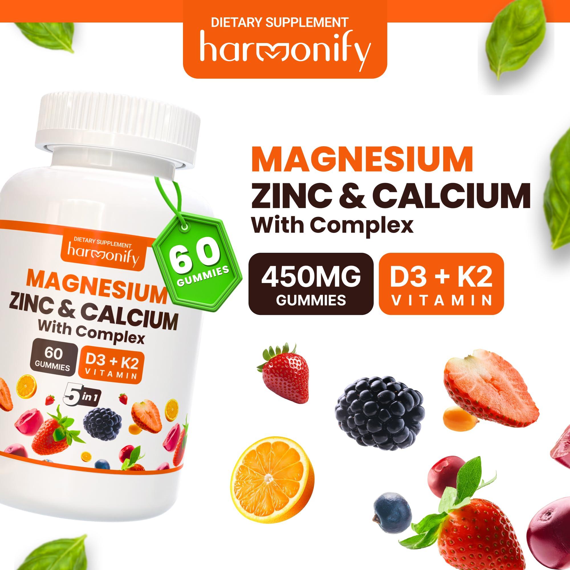 HARMONIFY HARMONIFY Magnesium Calcium Zinc with Vitamin D3 & K2 Gummies, Multivitamin for Women and Men, Bone Strength & Muscle Function, Extra Absorption Formula, 30 Days Serving