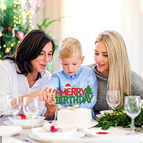 GotGala GotGala Merry Birthday Cake Topper Red &Green Glitter Christmas Birthday Cake Decoration Kids Christmas Birthday Party Cake Food Picks for Winter Onederland Xmas Birthday Baby Shower Decorations