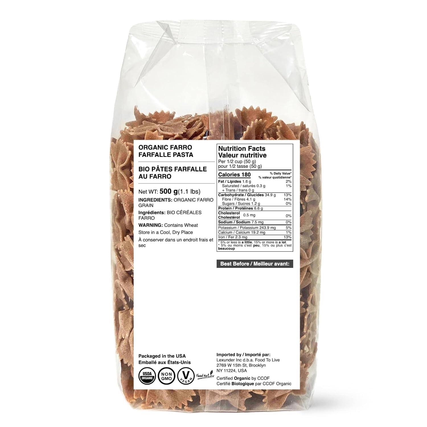 Food to Live Food to Live - Organic Farro Farfalle Pasta, 1.1 lb (Pack of 2) - Italian Whole Wheat and Non-GMO Bow-tie Pasta, Single Ingredient