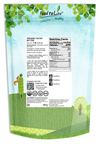 Food to Live Food to Live Organic Cacao Butter Wafers, 1 Pound - Non-GMO, Raw, Pure, Unfiltered, Unrefined, Keto, Vegan Superfood, Bulk, Made Using a Cold Pressing, Great for Cooking and Baking, Sirtfood