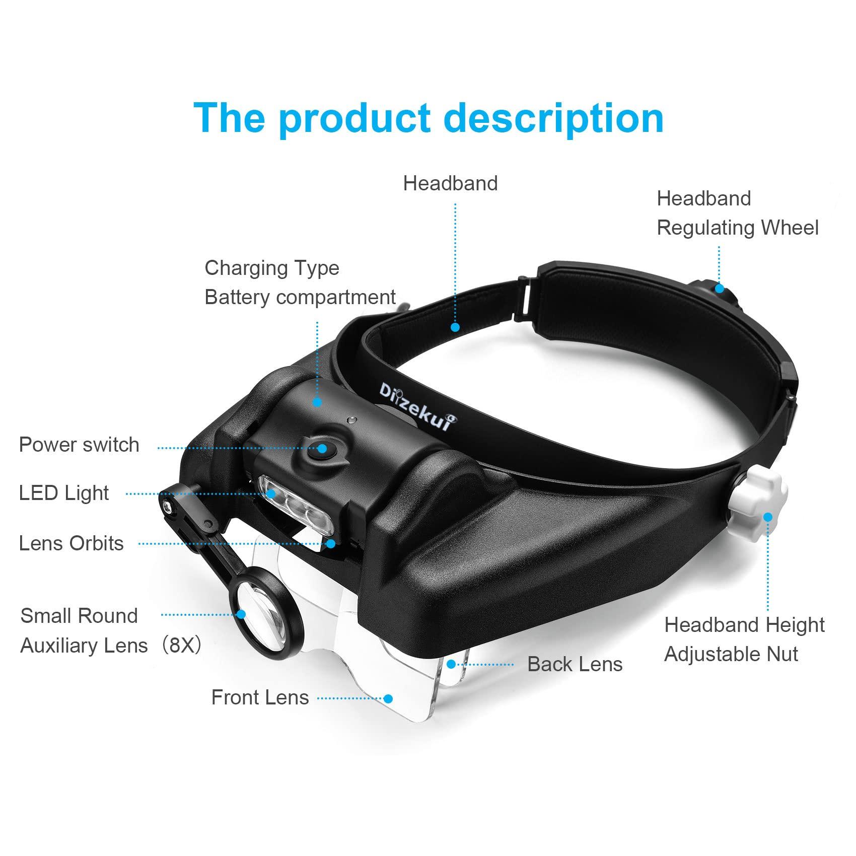 Dilzekui Dilzekui Head Magnifying Glasses with Light, Rechargeable Lighted Magnifying Glass 1X to 14X for Close Work, Magnifying Headset with Detachable Lens,Hands Free Head Magnifier for Jewelers Hobby Crafts