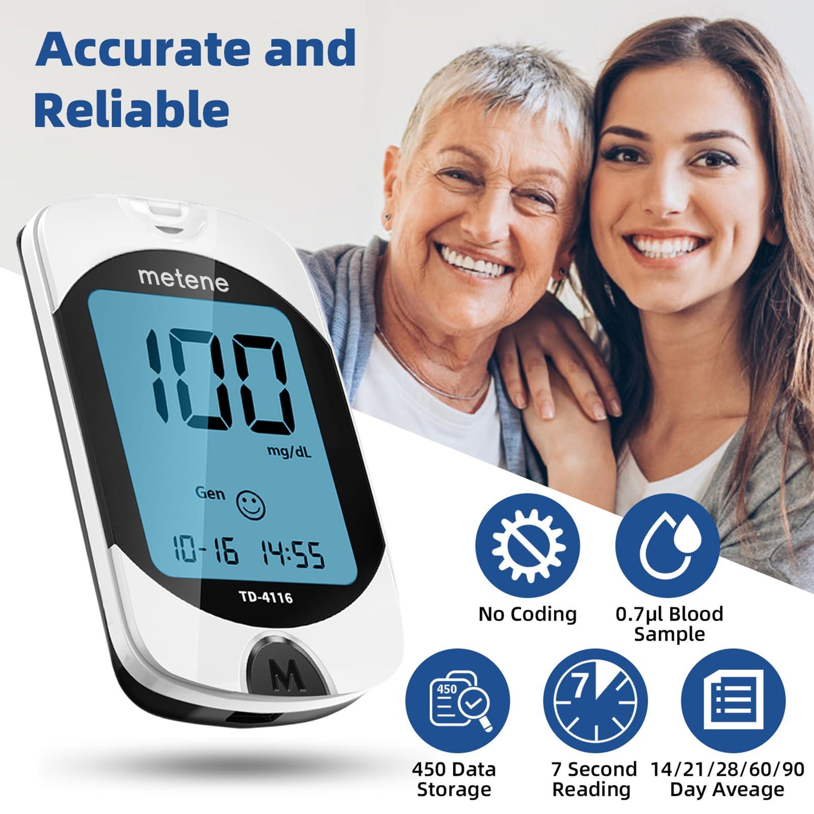 Metene Metene TD-4116 Blood Glucose Monitor Kit, 100 Glucometer Strips, 100 Lancets, 1 Blood Sugar Monitor, Blood Sugar Test Kit with Control Solution, Lancing Device, No Coding, Large Display