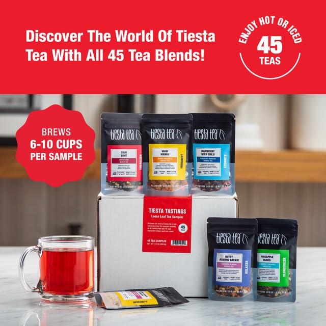 Tiesta Tea Tiesta Tea - Tiesta Tastings Loose Leaf Sampler Dry Flight Set - High to No Caffeine Tea - Makes Hot and Iced Tea - Assorted Tea Sets with Herbal, Chai, Fruit Teas & More - 45 Resealable Sample Pouches