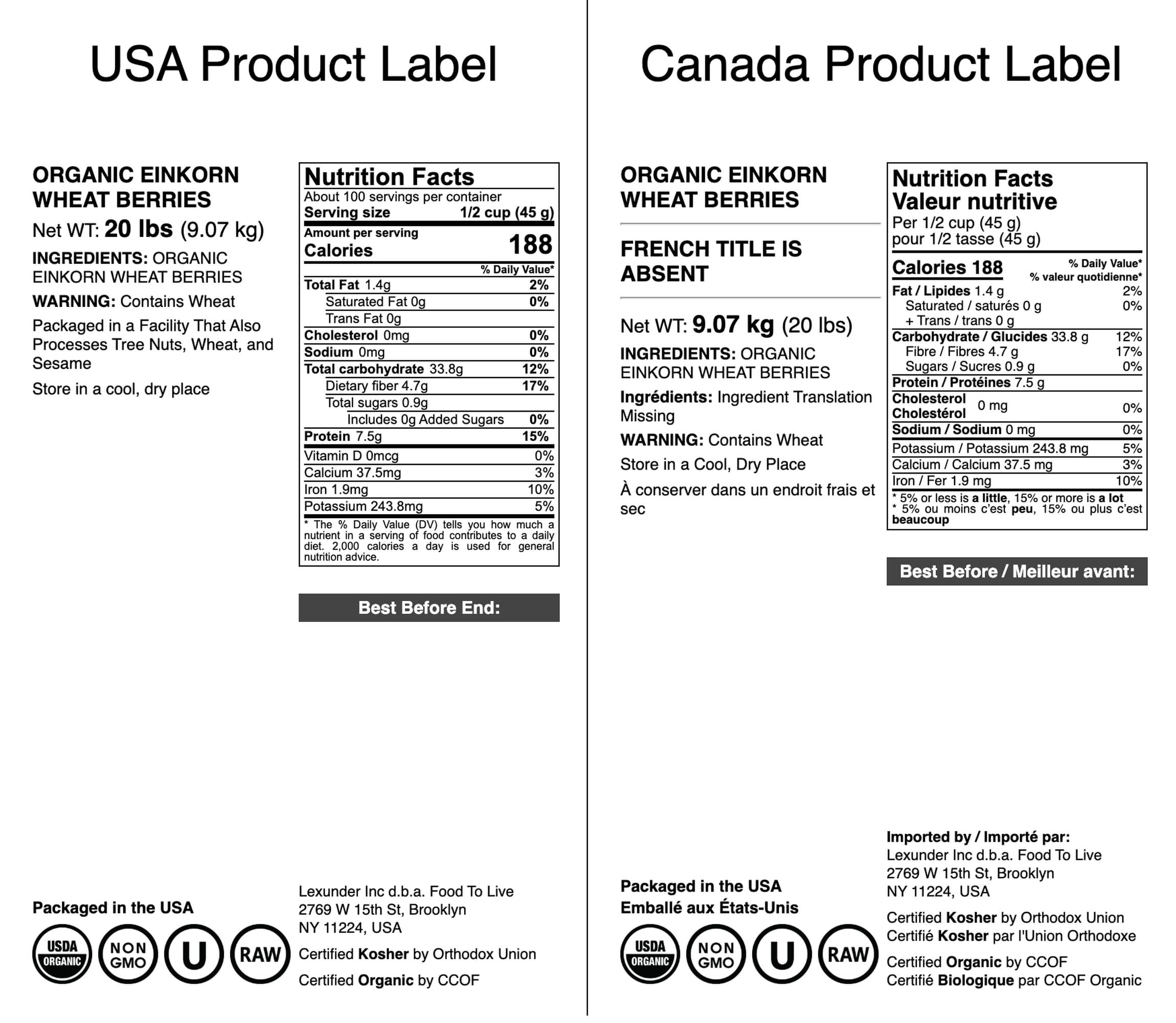 Food to Live Food to Live - Organic Einkorn Wheat Berries, 20 Pounds Non-GMO, Good Source of Protein, Fiber, and Vitamins. Low-glycemic Index. Kosher