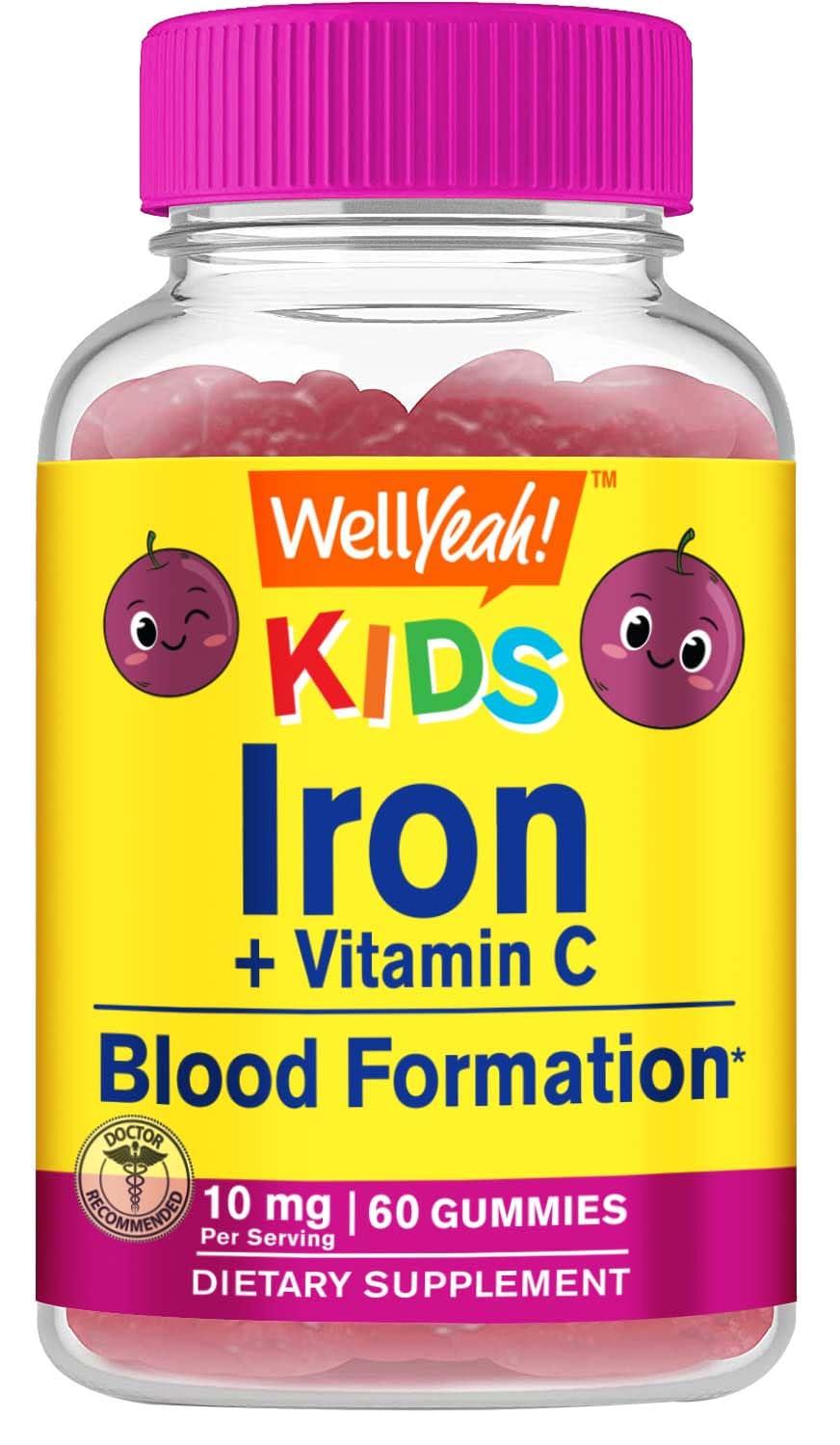 WellYeah WellYeah Iron Gummies for Kids with Vitamin C - Anemia Support, Red Blood Cell Formation, Energy, and Immunity Support Gummy, Iron Supplements for Kids - GMO Free, Natural Grape Flavor - 60 Count