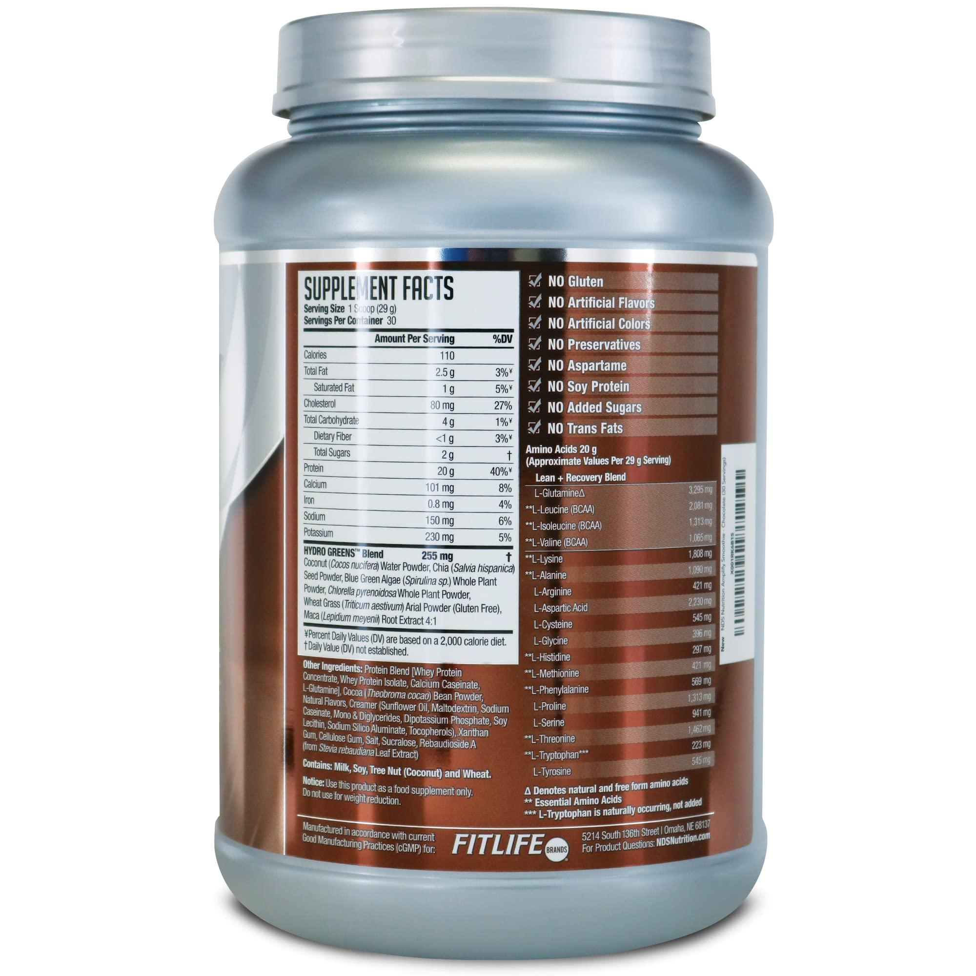 AMPLIFY AMPLIFY NDS Nutrition Smoothie Premium Whey Protein Powder Shake with Added Greens and Amino Acids - Build Lean Muscle, Gain Strength, Lasting Energy, and Lose Fat - Double Chocolate (30 Servings)